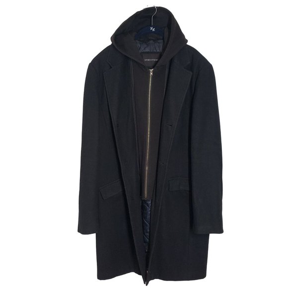 Structure Jackets & Coats Structure Mens Long Wool Blend Coat Removable Hood Large Quilted